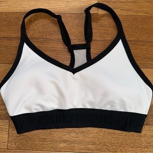 XS Victoria Secret Pink white and black racerback lightly lined sports bra!